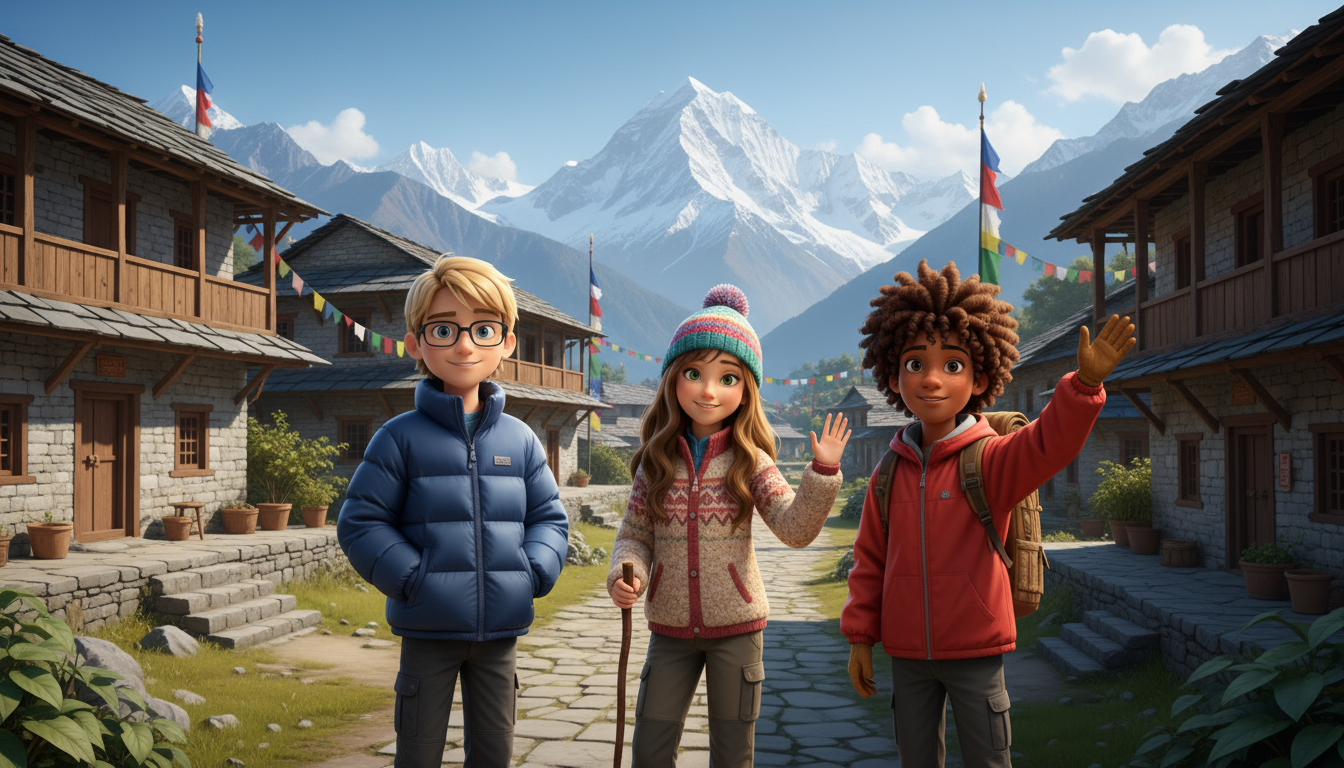 three characters of the book in the middle of a nepalese village